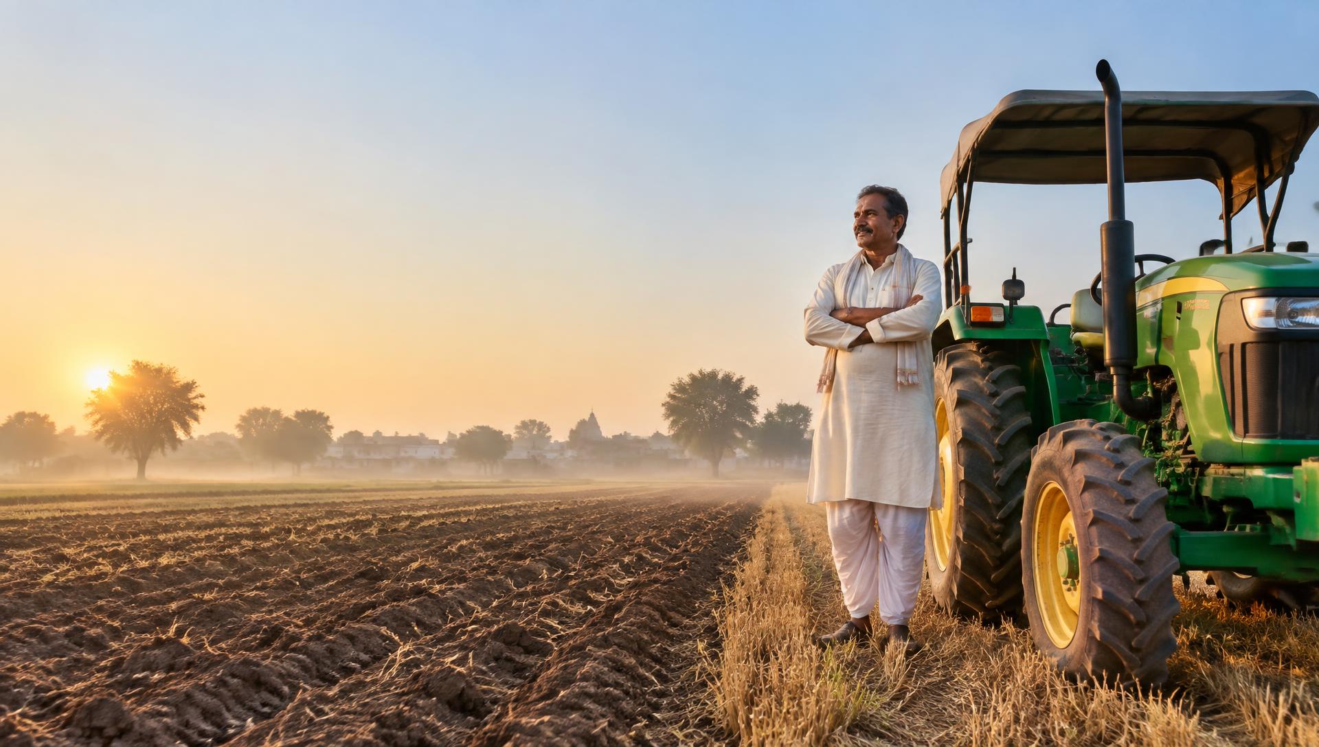 Farmer standing beside a tractor at the edge of a ploughed field at sunrise
